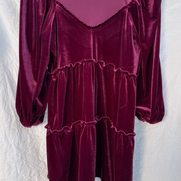 Betsey Johnson Velvet Mini Tiered Baby Doll Dress XS Puff 3/4 Sleeve Tawny Port - Picture 3 of 14